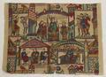 Tapestry of natural tan woven linen with a painting of several captions set in various architectural settings