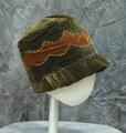 Cloche hat of olive green velvet with horizontal accent stitching