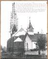 Putting on the Rooster - 1899One of the very remarkable church construction photos taken by Rev. Father Alphonse Bronsgeest in 1898-99;  showing the old wooden Catholic Church constructed in 1862 and used until St. Patrick's Day 1899 when the first services were held in this beautiful new European type edifice.The Rooster (weather vane) was donated by Henry Herbring and placed on the steeple by Docite Heroux, one of the carpenters seen on top of the scaffolding in this photo. It was made in Germany and has been there 66 years (1865) which testifies to the fine workmanship of that period of time