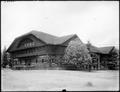 Exterior of Forestry Building on Lewis & Clark Expo grounds. Power lines running across picture.