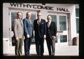 Elmer Stevenson, J. Ritchie Cowan, Wilbur Cooney, and G. Burton Wood in front of Withycombe Hall, Oregon State University, Corvallis, Oregon, September 1970