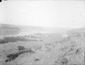 View of Maryhill, Wa., and Columbia River, from Samuel Hill property.  Two steamboats moored at town