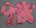 Tie Belt of vertical striped raw silk in main color of violet with white, dark blue, yellow, orange and green fine stripes