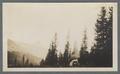 Car camping in the mountains with peak in background (possibly Mt. Hood), circa 1910