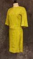 Dress ensemble of bright yellow and lime green woven silk with a subtle zebra print