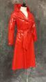 Raincoat of fire engine red vinyl with wide lapel and attached hood