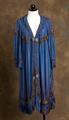 Dressing gown of gathered, iridescent royal blue silk with V-neckline and single hook and eye closure at center-front bodice
