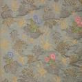 Textile Panel of grey-blue and tan dull satin damask with an unusual tan design of diamonds with swirled tendrils