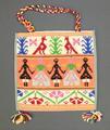 Handbag of heavy woven cotton with patterned bands of laid-in designs in multi-colored wool