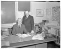 President Jensen and Corvallis Mayor Gordon Harris sign a "peace treaty" between university and city, Fall 1962