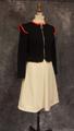 Dress ensemble of black, cream, and red wool knit