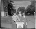 George A. Syriotis, editor of To Vima, (Athens, Greece newspaper) at right with son Toney, OSC Electrical Engineering sophomore, and an unidentified individual. May 1, 1952