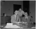 George A. Syriotis, editor of To Vima, (Athens, Greece newspaper) at right with son Toney, OSC Electrical Engineering sophomore, and President Strand. May 1, 1952