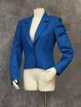 Jacket of blue wool with long notched collar and single button closure