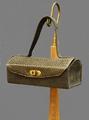 Box purse of dark brown-olive suede with front flap of olive snake/reptile skin