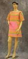 Tunic of orange, green and bright pink striped paper with large, round patch pocket of bright pink paper at mid-torso