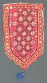 Valance for a doorway of red cotton sateen with chain stitch embroidery in a geometric design with six-sided stars and mirror-work