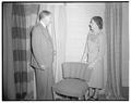 Mr. Crawford, Salem, Chairman of State Flax and Linen Board, with Joan Patterson and some of her fabric designs. 