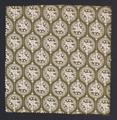 Textile sample of taupe cotton with an intricate repeat pattern of a heraldic motif of a knight on a horse with a sword and shield