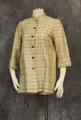 Jacket of beige woven plaid in a silk, linen blend with standing band collar and three-quarter sleeves