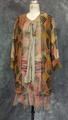 Dress ensemble of beige chiffon with brush stroke spots of greys, pinks, yellows, and oranges grouped together