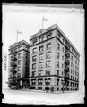 Corner perspective of Bowers (Nortonia) Hotel at 11th and Stark, Portland. [Street in foreground. Figures and autos drawn in.]