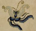 Embroidered Applique of ecru, sage, blue, indigo, and yellow silk in a satin stitch of a Chinese butterfly