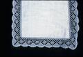 Fan pattern bobbin lace around handkerchief 9 x 1 inches square, made 1960