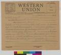 Copy of a telegram to Will Jewett from Gertrude Bass Warner