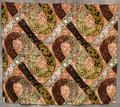 Textile yardage of rust, browns, white, black, and taupe woven fabric with 3" bands with layered floral patterns