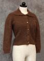 Cardigan of rich chocolate brown French Angora and Lambswool with rounded collar and long sleeves with ribbed cuffs