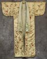 Wedding Kimono of ecru silk satin with embroidered floral branches winding up the kimono from the hemline