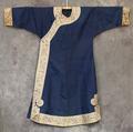 Man's Kimono coat of navy blue silk damask with medallions with Chinese symbols within