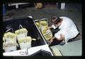 Technician working in oyster propagation laboratory, Marine Science Center, Oregon State University, Newport, Oregon, circa 1970