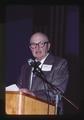 Giles French speaking at Oregon Wheat Growers League conference, Moro, Oregon, 1976