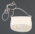 Handbag of white satin with flap embellished with beadwork in a design of radiating flower petals