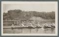 University of Pennsylvania and Syracuse University boathouses and rowers on the Hudson River, circa 1925