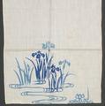 Towel (Tenugui) of white cotton with stencil print design of irises and water in shades of blue