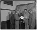 Darrell Halligan receiving Lincoln Arc Welding Foundation Paul Potter scholarship, 1951
