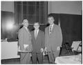 Henry Hartman (Horticulture professor), Huelge, and O'Callaghan at science exposition, April 26, 1958