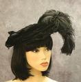 Pancake Beret hat of black silk velvet with shirred crown and large ostrich plumes