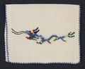 Wallet of stiffened plain woven cotton with a blue stitched trim and a cross stitched dragon