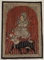 Wall Hanging of natural cotton with black line block print of Durga, a deity with 20 arms standing on a man-headed buffalo