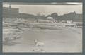 Arbuthnot's dog lying on the beach with Yaquina Bay U. S. Life Saving Station sign in background, circa 1910