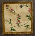 Textile square of white silk with hand painted stemmed flowers in white, pinks, blue and yellow