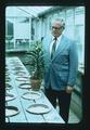 Al Roberts in greenhouse with lily plant, Oregon State University, Corvallis, Oregon, 1975