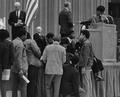 Black student Union members protesting at an OSU Centennial Lecture given by Linus Pauling