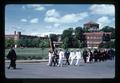 Oregon State University commencement procession walking past Weatherford Hall, Corvallis, Oregon, 1981