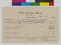Deposit slip postcard of Gertrude Bass Warner from the First National Bank, Eugene, Oregon