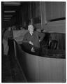 Bob Johnson at his familiar desk in the Benton County State Bank on his 95th birthday, October 18, 1951